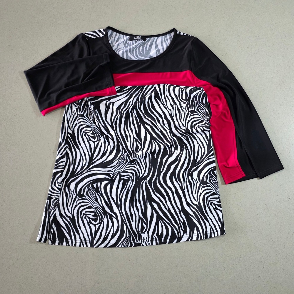 Lior Paris Zebra Print Color Block Top Black Red White Small 3/4 Sleeve